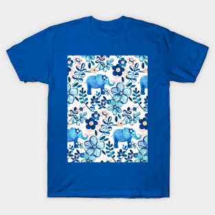 Blush Pink, White and Blue Elephant and Floral Watercolor Pattern T-Shirt